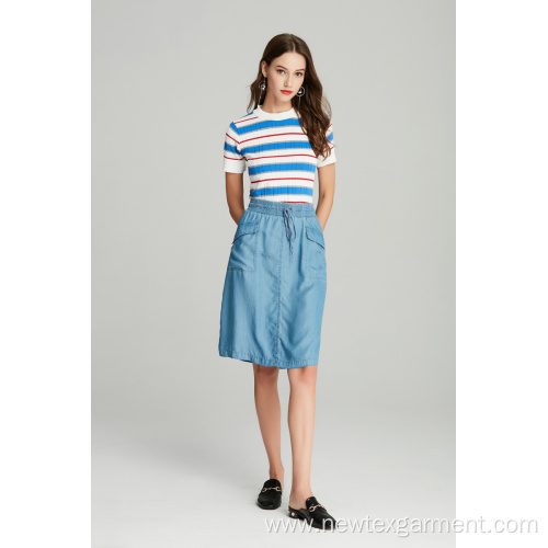 blue tencel denim elastic waist ladies skirt